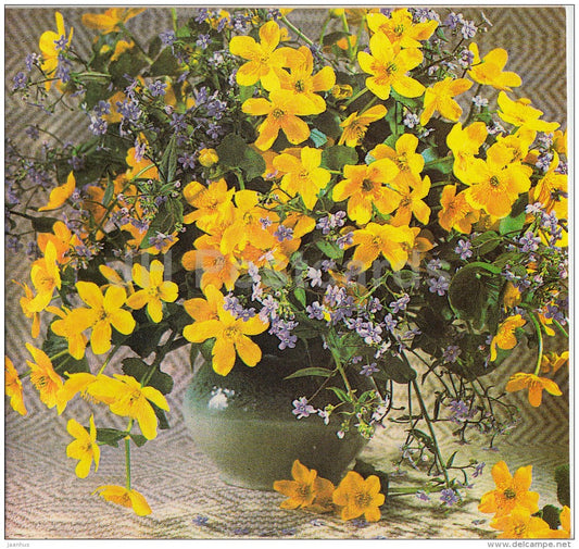 mini Birthday Greeting card - yellow flowers in the vase - flowers - 1989 - Latvia USSR - unused - JH Postcards