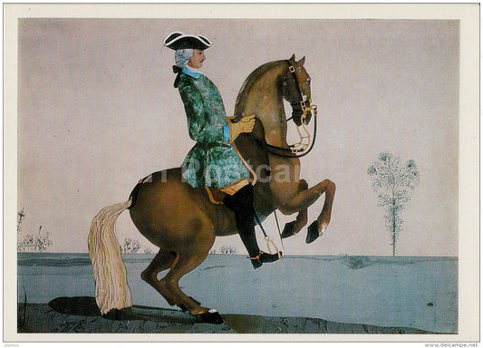 Plaque , Horseman in a Green Jacket - horse - Florentine Mosaic - Italian art - 1974 - Russia USSR - unused - JH Postcards