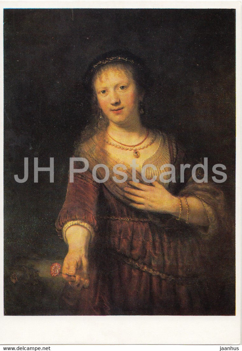 painting by Rembrandt - Saskia mit der roten Blume - 1 - Dutch art - Germany DDR - unused - JH Postcards