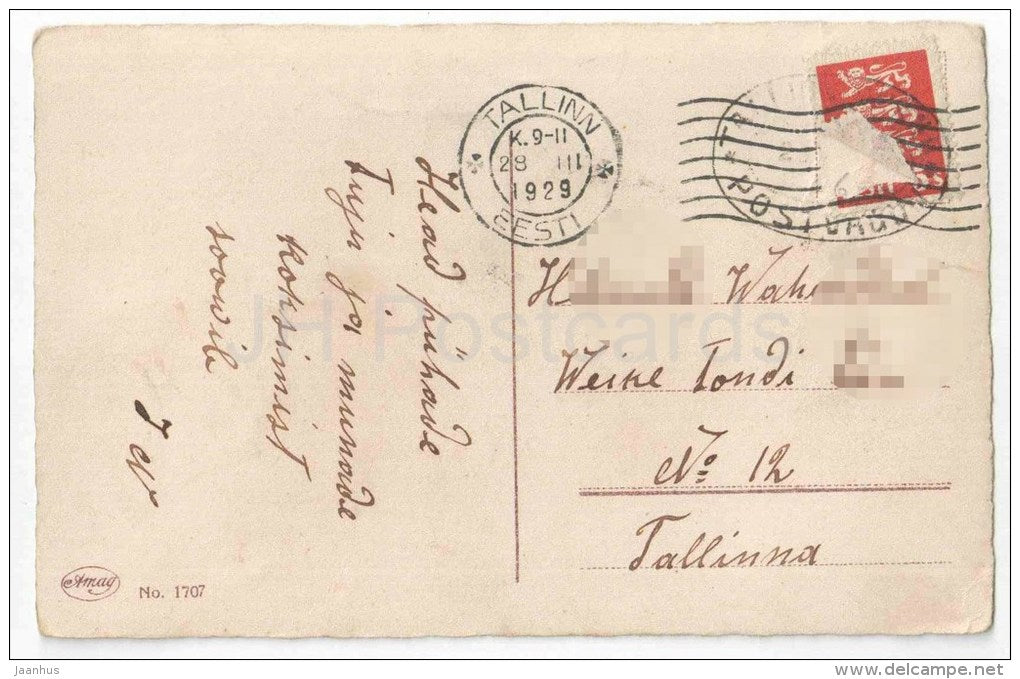 Easter Greeting Card - boy - eggs - chicken - Amag 1707 - circulated in Estonia Tallinn 1929 - JH Postcards