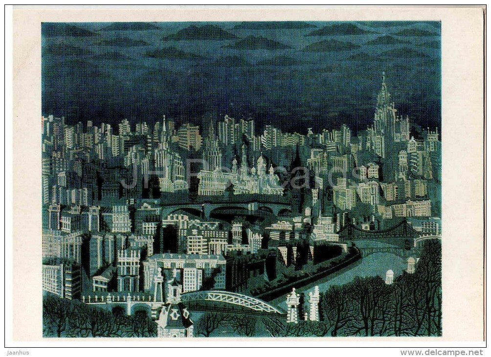 painting by N. Blagovolin - Moscow from Lenin Hills , 1980 - russian art - unused - JH Postcards