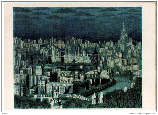 painting by N. Blagovolin - Moscow from Lenin Hills , 1980 - russian art - unused - JH Postcards