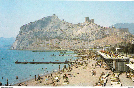 Sudak - view at the beach and Fortress mountain - Crimea - 1989 - Ukraine USSR - unused - JH Postcards