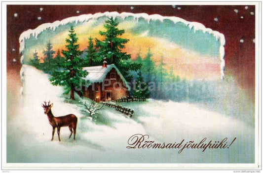 Christmas Greeting Card - deer - winter house - old postcard reproduction - Estonia - unused - JH Postcards