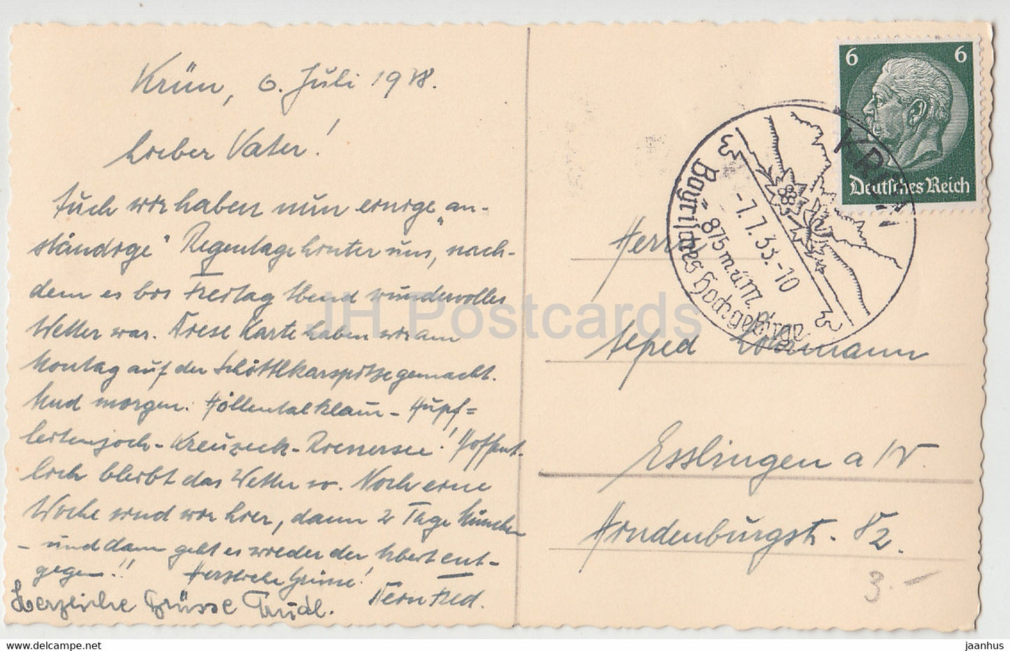 Berggipfel - Bayrisches Hochgebirge - alte Postkarte - 1938 - Deutschland - gebraucht
