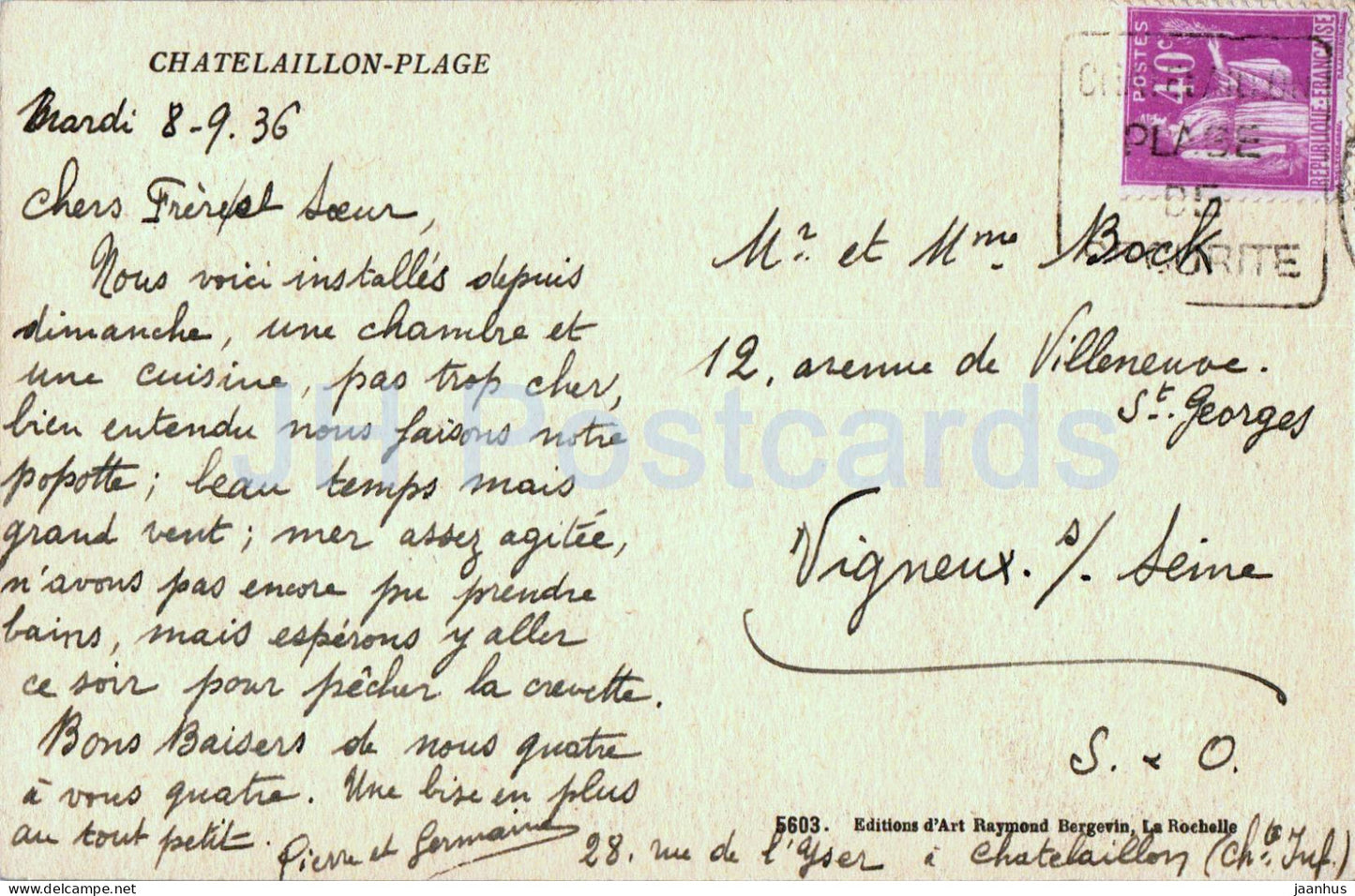 Chatelaillon Plage - Strand - 5603 - alte Postkarte - 1936 - Frankreich - gebraucht 