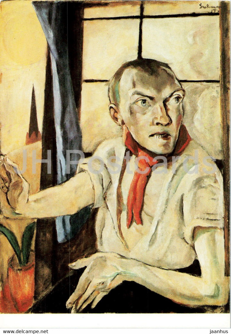 painting by Max Beckmann -Selbstportrat mit rotem Schal - Self Portrait with Red Scarf - German art - Switzerland unused - JH Postcards
