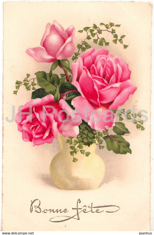 Birthday Greeting Card - Bonne Fete - flowers - roses in a vase - Pittius - illustration - old postcard - France - used - JH Postcards