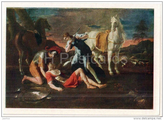 painting by Nicolas Poussin , Tancred and Erminia - horse - french art - unused - JH Postcards
