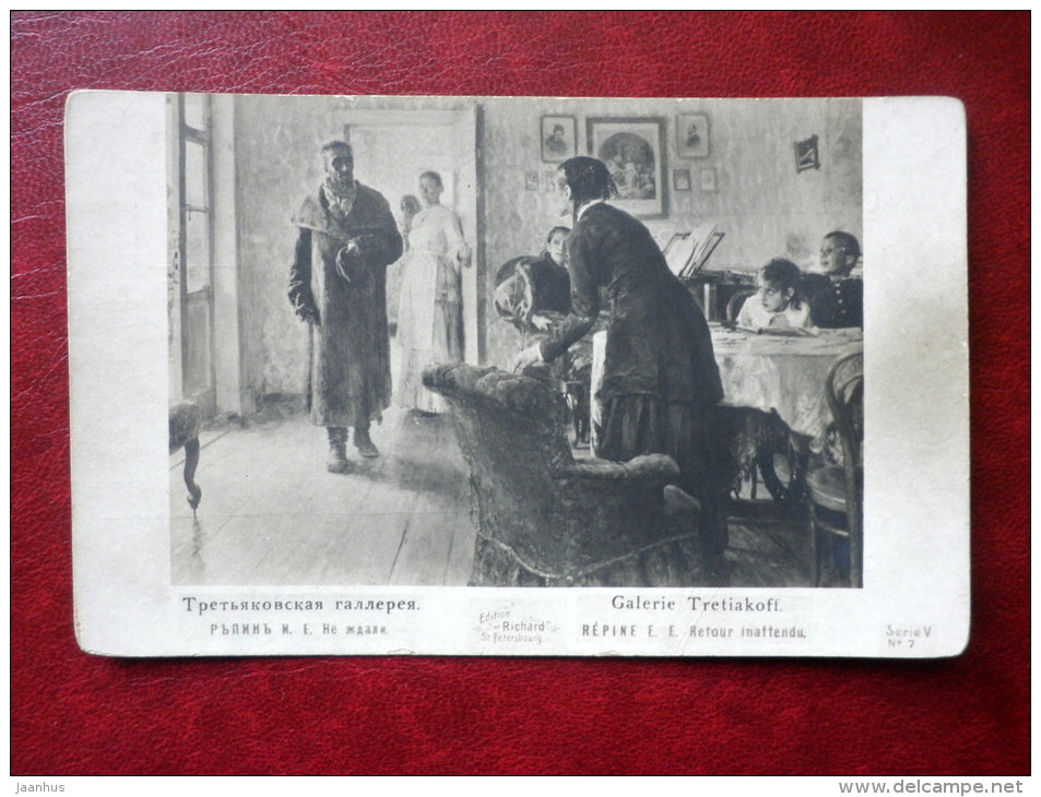 painting by Ilya Repin - Unexpected Visitor - Serie V No 7 - russian art - Edition Richard - Tsarist Russia - unused - JH Postcards