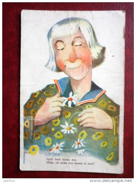 old woman with daisy - no man - humour - WO 1545 - 1920s-1930s - Estonia - unused - JH Postcards