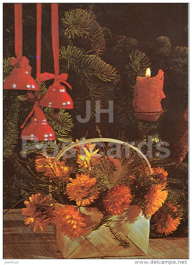 New Year greeting card - 1 - bells - candle - flowers - 1982 - Estonia USSR - used - JH Postcards