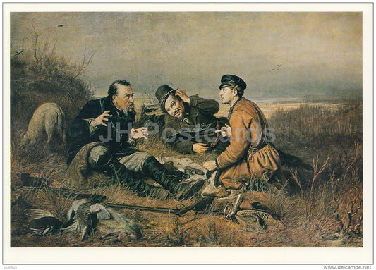 painting by V. Perov - Hunters at Rest - hare - Russian art - large format card - 1990 - Russia USSR - unused - JH Postcards