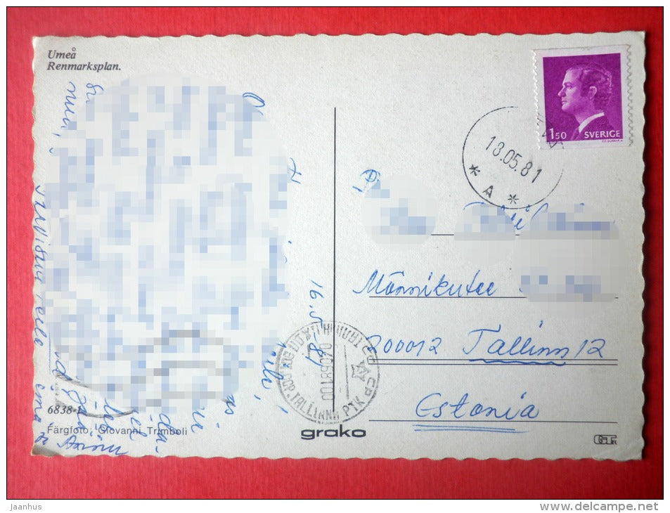 Renmarksplan - car - Umea - 6838-1 - Sweden - sent from Sweden to Estonia USSR 1981 - JH Postcards