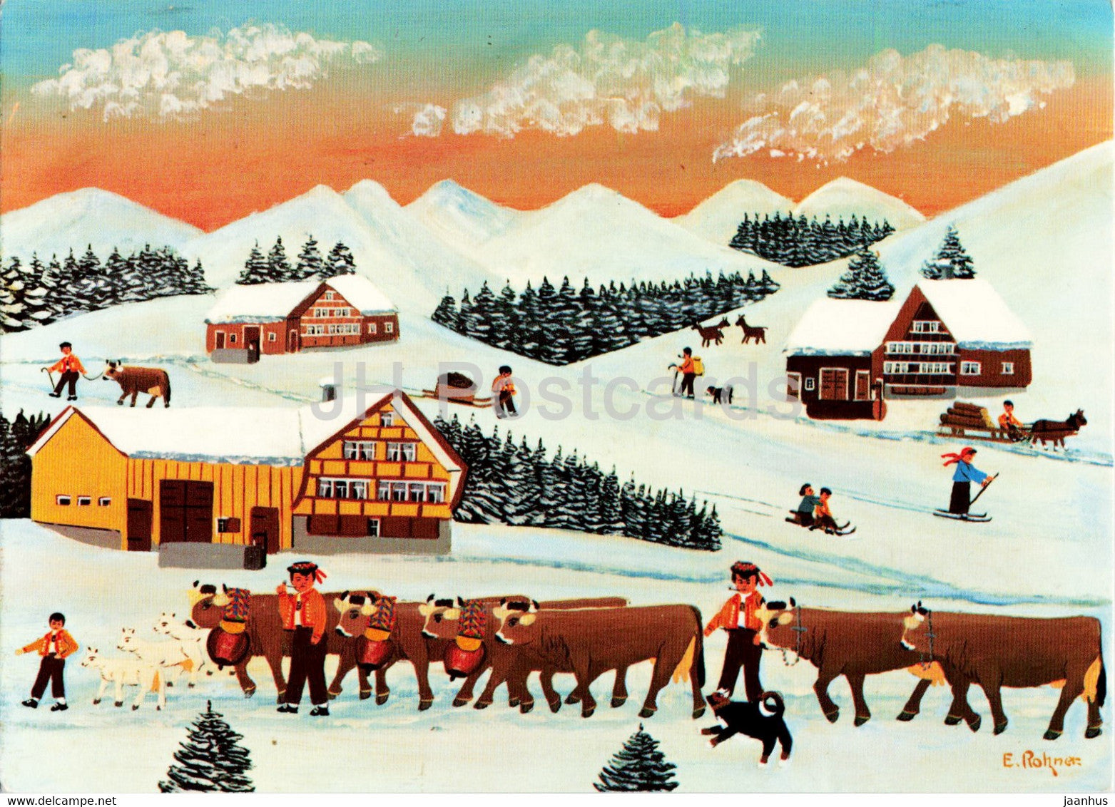 Winter im Appenzellerland by Ernst Rohner - illustration - animals - cow - Switzerland - unused - JH Postcards