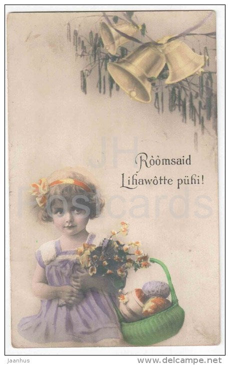 Easter Greeting Card - girl - bells - eggs - circulated in Estonia Haapsalu Tallinn Railway Mail 1925 - JH Postcards