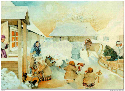Christmas greeting card - illustration by M. Värv - winter - horse sledge - children - 1990 - Estonia USSR - unused - JH Postcards