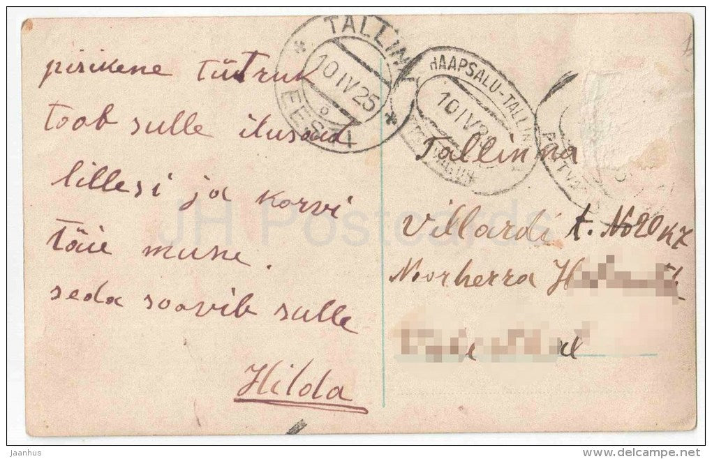 Easter Greeting Card - girl - bells - eggs - circulated in Estonia Haapsalu Tallinn Railway Mail 1925 - JH Postcards