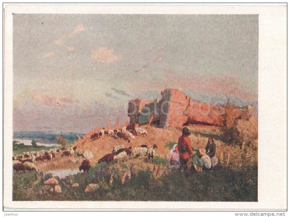 painting by A. Vasilyev - Overgrown Military Trail , 1877 - sheep - lamb - russian art - unused - JH Postcards