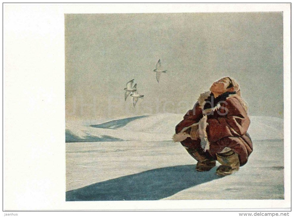 painting by A. Yakovlev - Chukotka spring , 1963-1964 - birds - native people - Chukchi - russian art - unused - JH Postcards