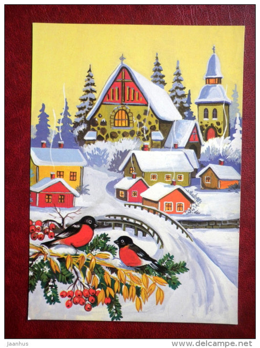 Christmas and New Year greeting card - town - bullfinch - birds - Finland - used - JH Postcards