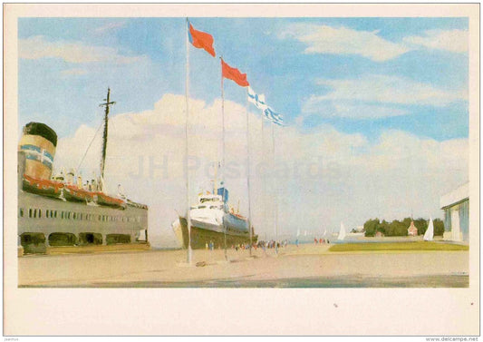 illustration by G. Manizer - passenger pier seaport - ship - Leningrad - St. Petersburg - 1978 - Russia USSR - unused - JH Postcards