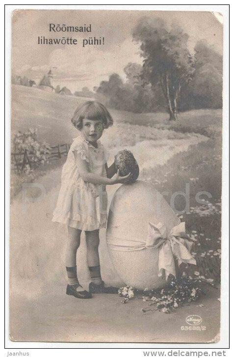 Easter Greeting Card - girl - eggs - Amag 63688/2 - circulated in Estonia Rakke 1928 - JH Postcards