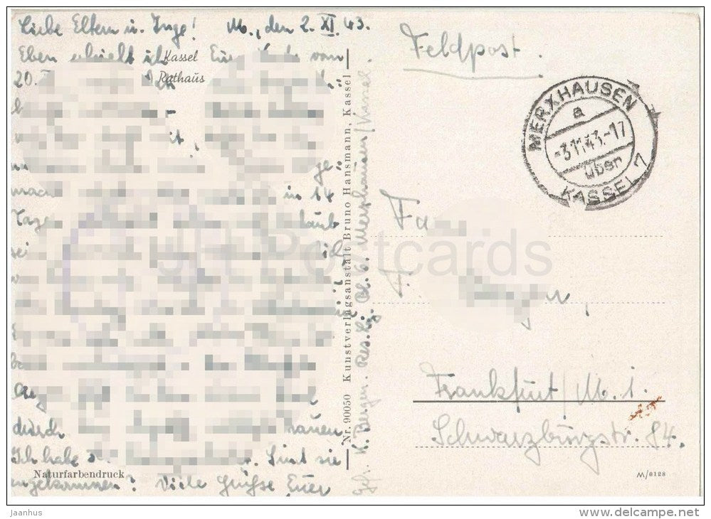 Kassel Rathaus - town hall - strassenbahn - tram - Germany - 1943 gelaufen - JH Postcards