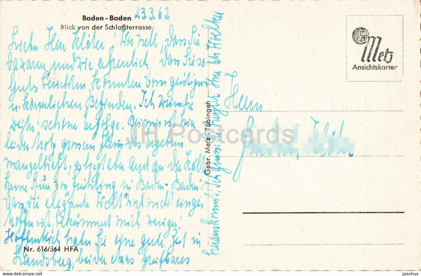 Baden Baden – Blick von der Schlossterrasse – 1962 – Deutschland – gebraucht