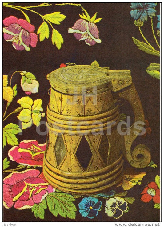 New Year Greeting card - 4 - beer mug - embroidered quilt - 1983 - Estonia USSR - used - JH Postcards