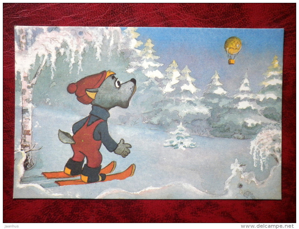 Come and Visit by L. L. Kayukov,  cartoon cards - skiing wolf - air balloon - 1988 - Russia - USSR - unused - JH Postcards