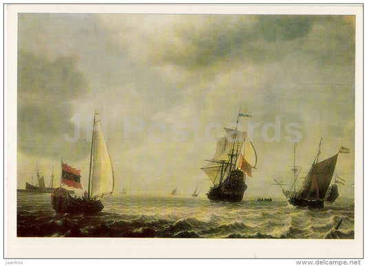 painting by Simon de Vlieger - Rough Sea with Sailboats - sailing boat - Dutch art - 1986 - Russia USSR - unused - JH Postcards