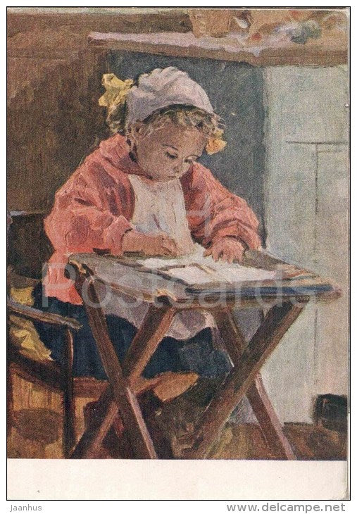 painting by L. Ryabov - Tanechka - girl draws - russian art - unused - JH Postcards