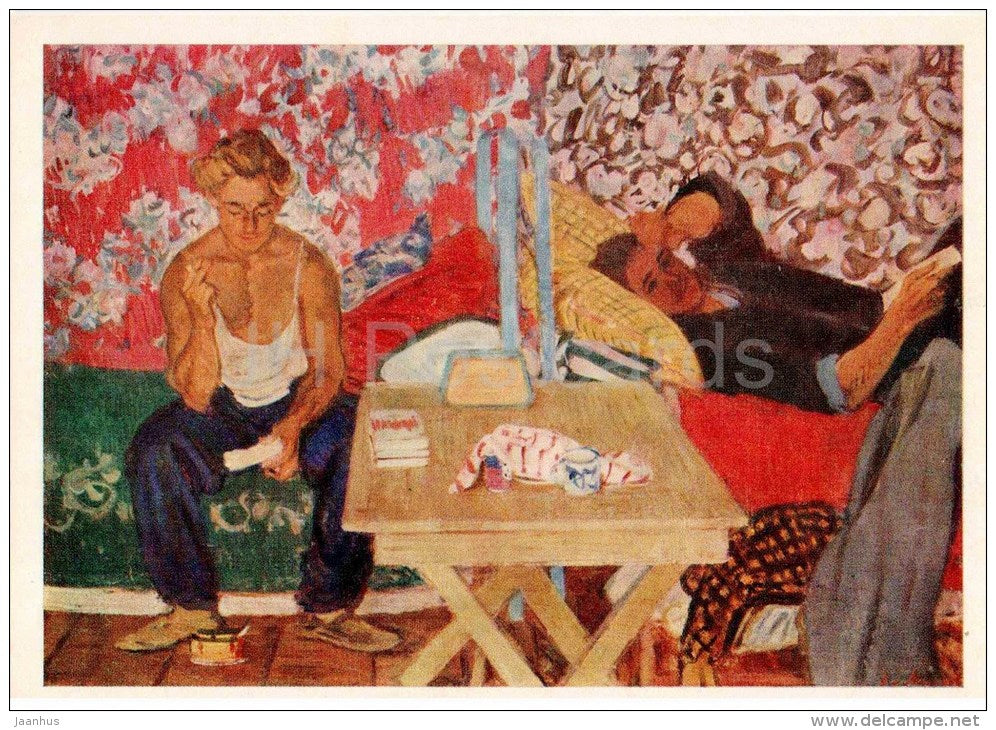 painting by D. Mochalsky - Day Off , 1966 - men - russian art - unused - JH Postcards