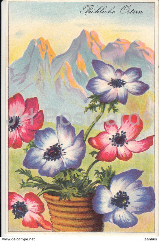 Easter Greeting Card - Frohliche Ostern - flowers - mountains - old postcard - Switzerland - used - JH Postcards