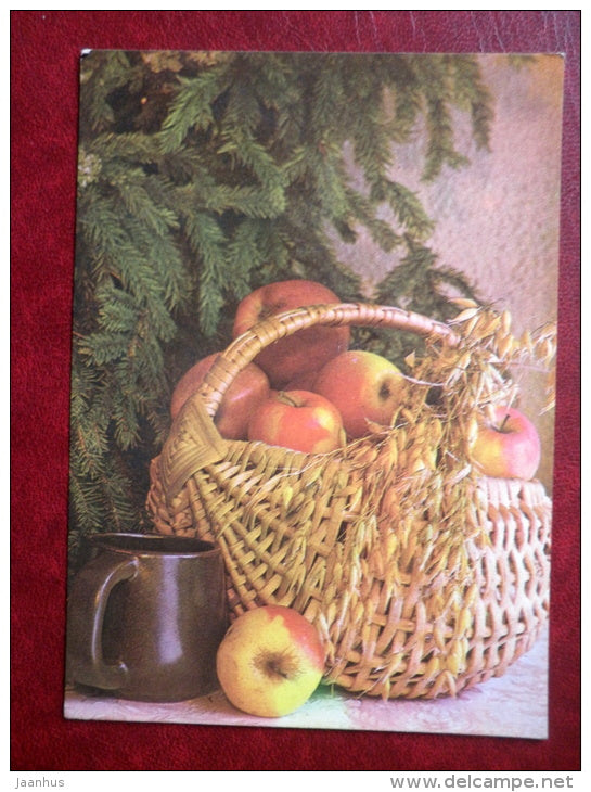 New Year Greeting card - apples - basket - cup - 1983 - Estonia USSR - used - JH Postcards