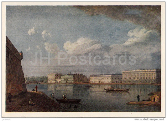 painting by F. Alekseyev - View of Palace Embankment , 1790 - boat - Russian art - 1951 - Russia USSR - unused - JH Postcards