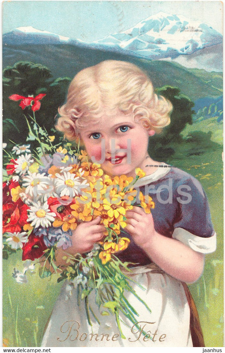 Birthday Greeting Card - Bonne Fete - girl - flowers - illustration - AR 1709 - old postcard - 1934 - France - used - JH Postcards