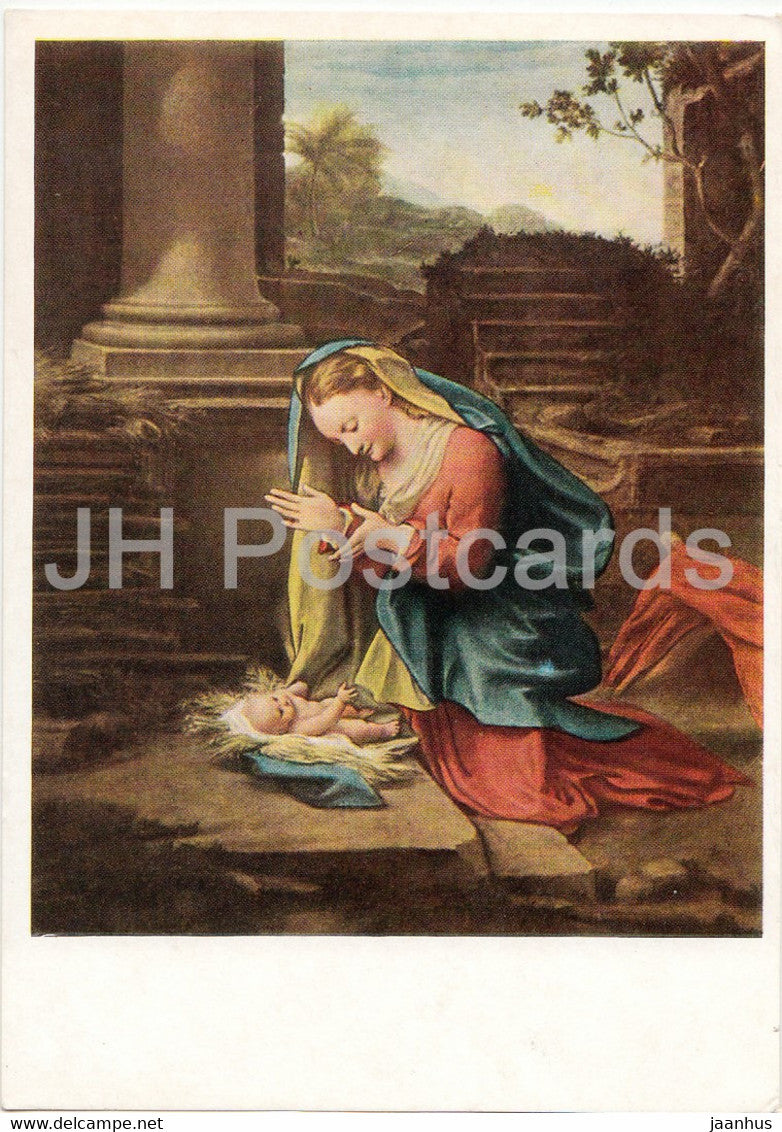 painting by Antonio Allegri Correggio - Maria in Anbetung - baby - Italian art - Germany - unused - JH Postcards