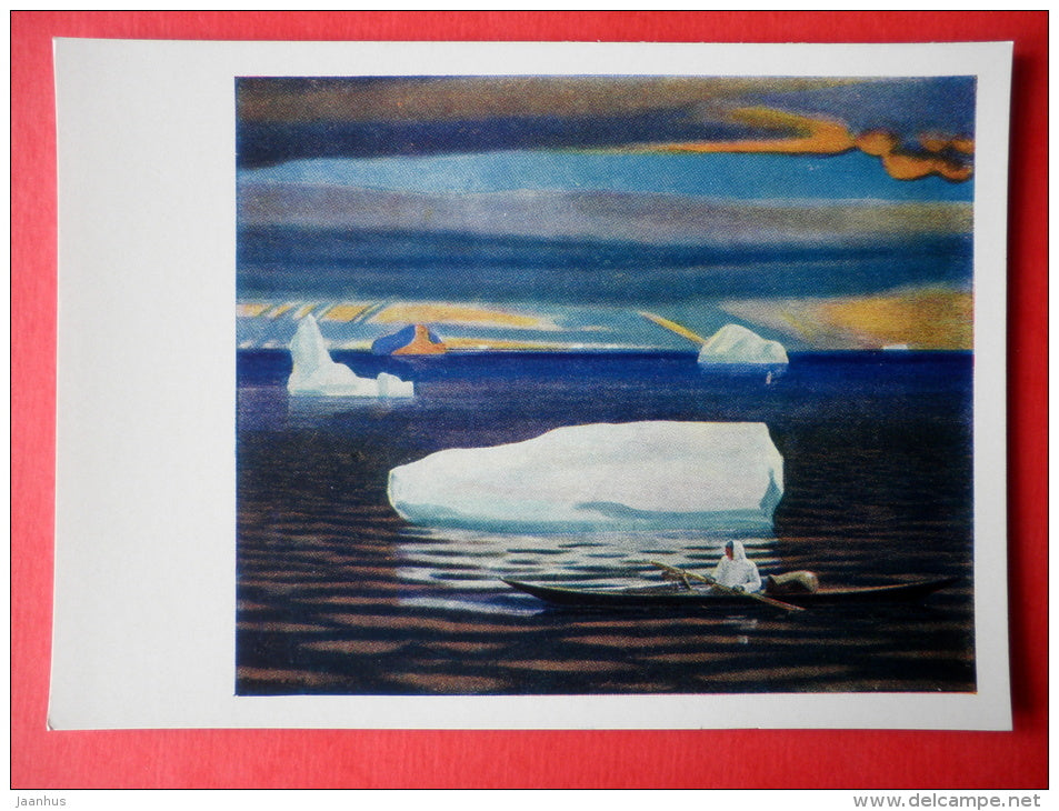 painting by Rockwell Kent - Eskimo in the Kayak . Northern Greenland - art of USA - unused - JH Postcards