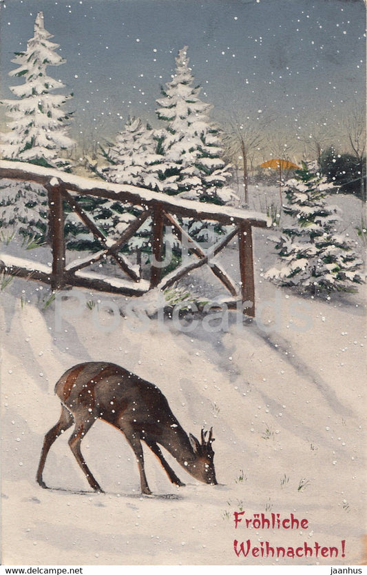 Christmas Greeting Card - Frohliche Weihnachten - winter view - deer - Serie 1187 - old postcard - 1907 - Germany - used - JH Postcards
