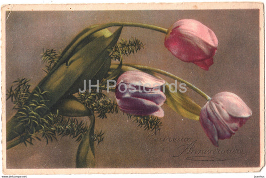 Birthday Greeting Card - Heureux Anniversaire - flowers - tulips - Charme 810 - old postcard - France - used - JH Postcards