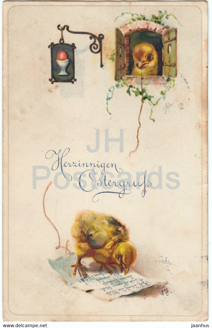 Easter Greeting Card - Herzinnigen Ostergruss - chicken - EAS 3448 - old postcard - 1917 - Germany - used - JH Postcards