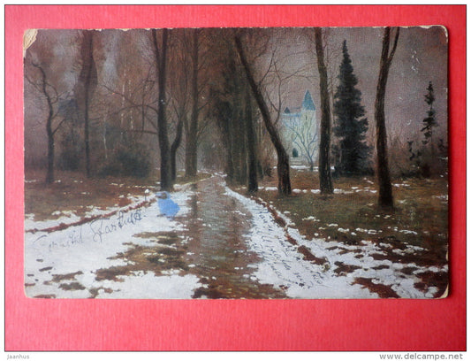painting by V. Sokolov . The Park - russian art - circulated in Estonia Jurjew Reppin Imperial Russia 1916 - JH Postcards
