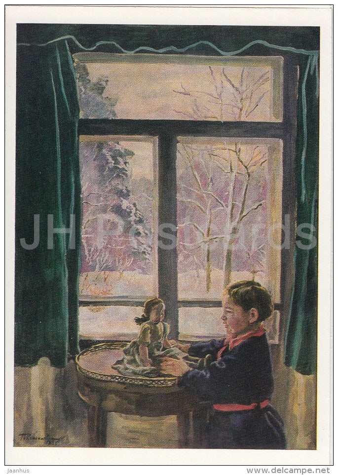 painting by P. Konchalovsky -  Katyenka by the window , 1935 - girl - doll - Russian art - 1988 - Russia USSR - unused - JH Postcards