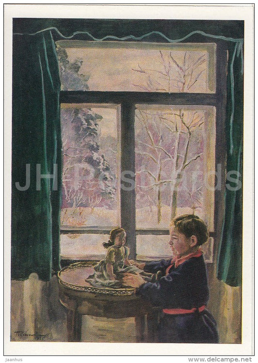 painting by P. Konchalovsky -  Katyenka by the window , 1935 - girl - doll - Russian art - 1988 - Russia USSR - unused - JH Postcards