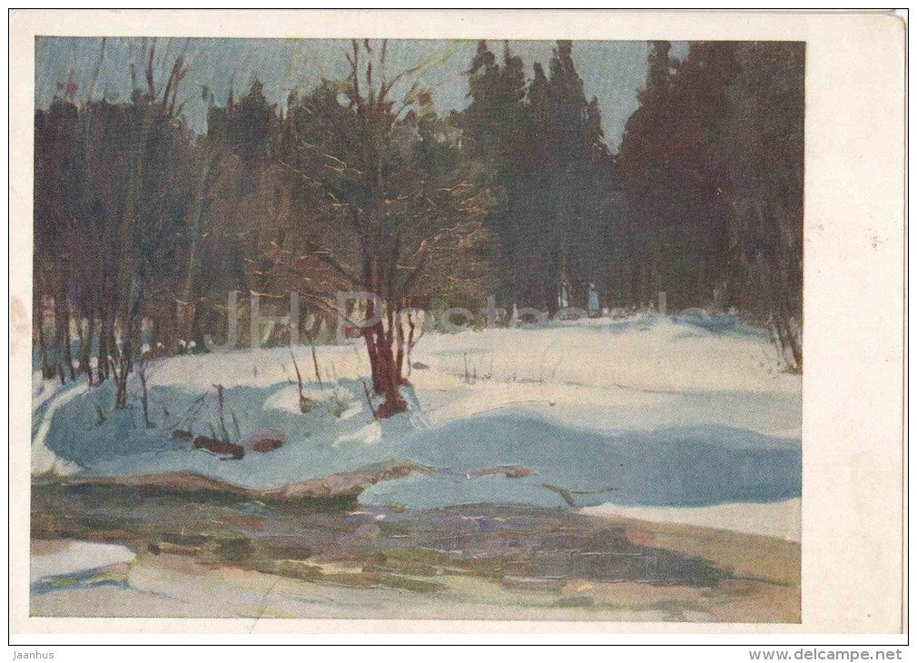painting by E. Vasilyev - Spring has come - snow - russian art - unused - JH Postcards