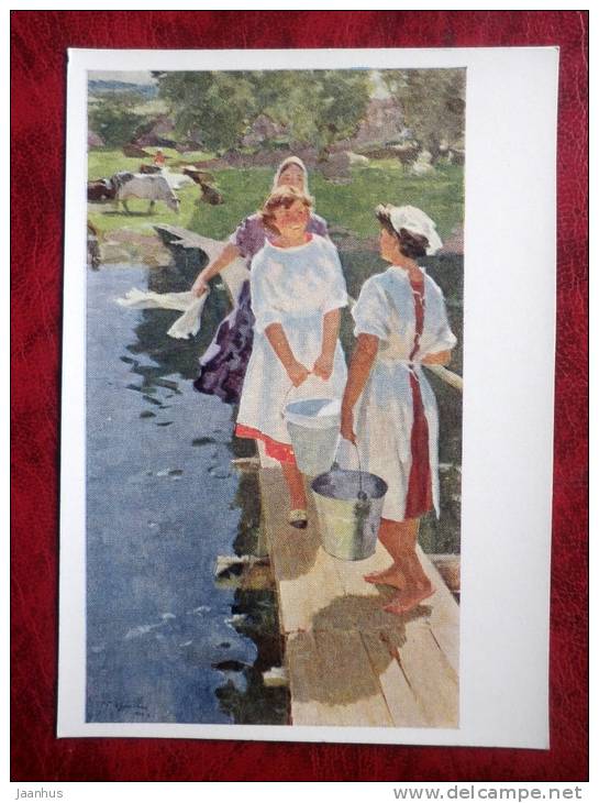 painting by G. G. Korolev - milkmaids - countryside - russian art - unused - JH Postcards