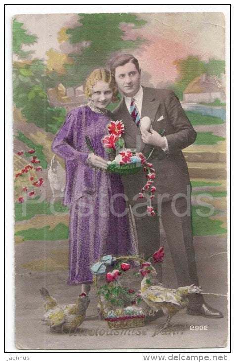 Easter Greeting Card - chicken - man and woman - eggs - RIP 2902 - circulated in Estonia 1920s - JH Postcards