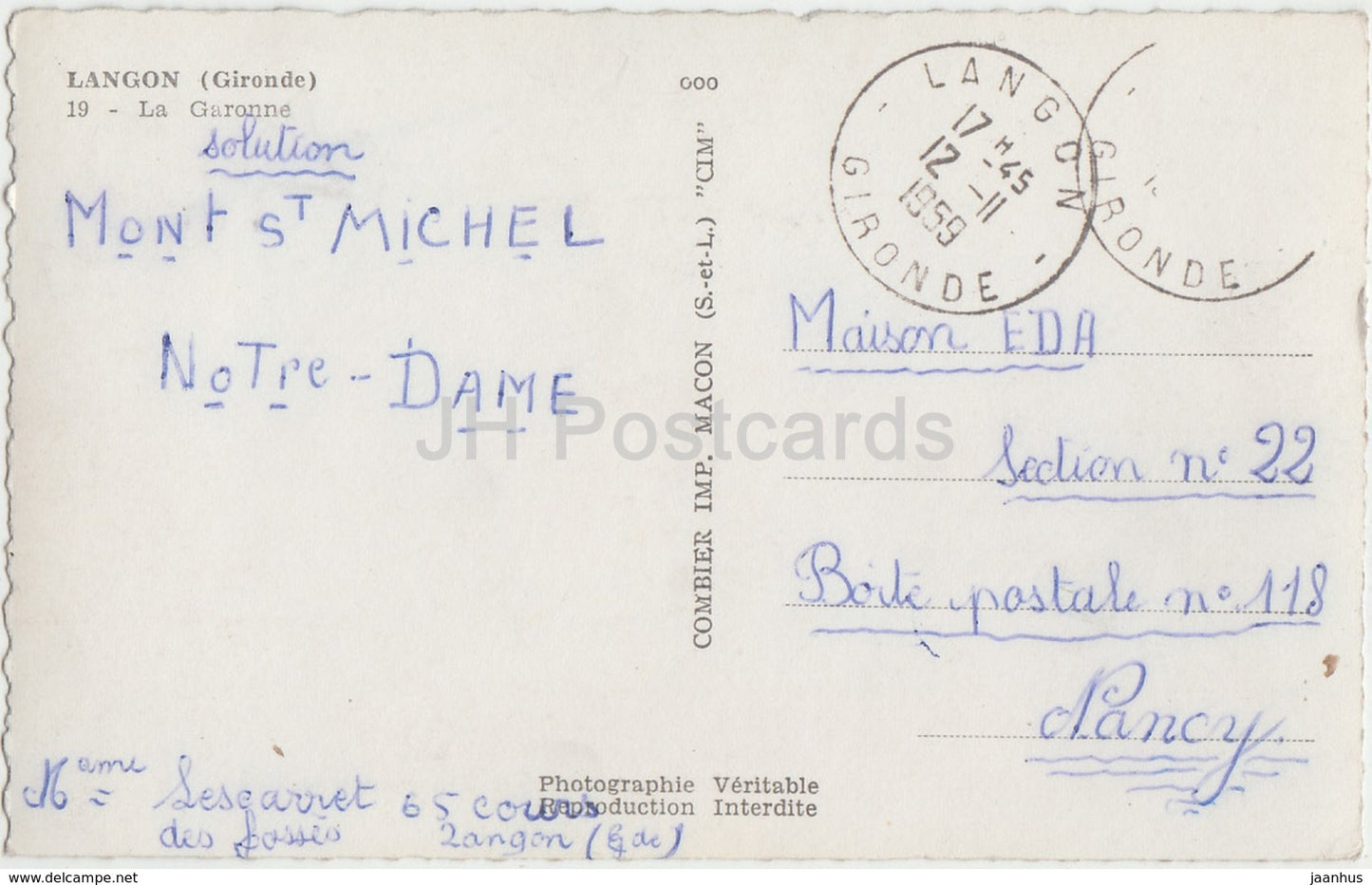 Langon - La Garonne - bridge - 19 - 1959 - old postcard - France - used